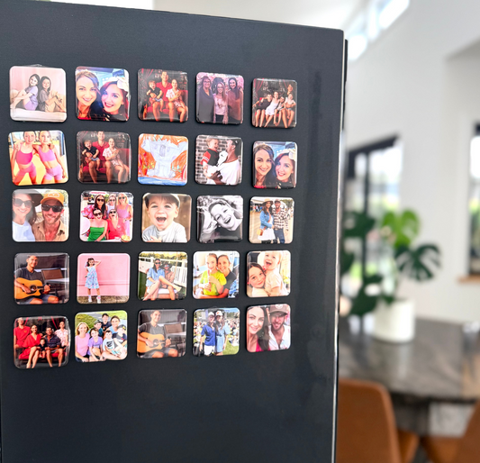 square magnets displaying various photos in a kitchen setting